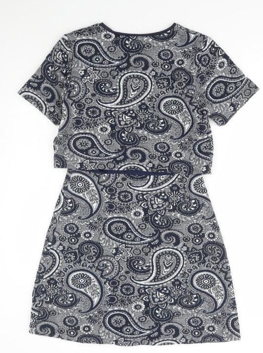 Oasis Womens Blue Paisley Polyester A-Line Size S Round Neck Pullover