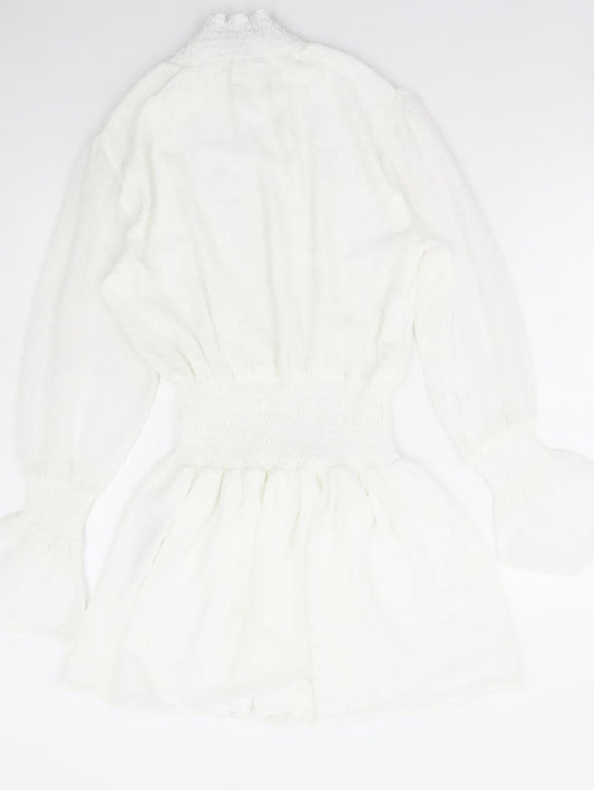 Boohoo Womens White Polka Dot Polyester Fit & Flare Size 8 High Neck Pullover