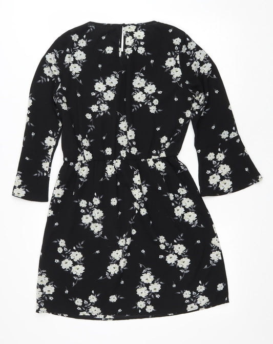 H&M Womens Black Floral Polyester Fit & Flare Size 6 Scoop Neck Button