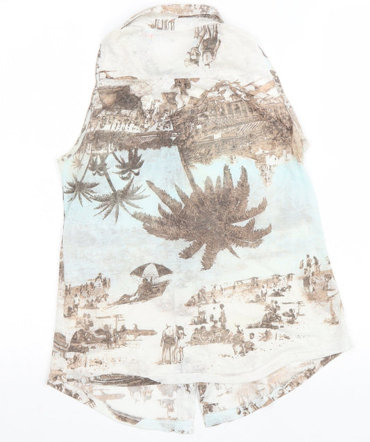 Denim & Co. Womens Multicoloured Geometric Polyester Basic Button-Up Size 10 Collared - Beach Scene