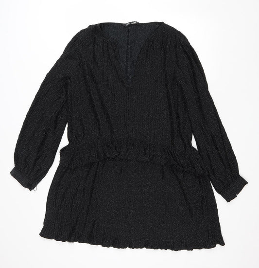 Zara Womens Black Polka Dot Polyester Trapeze & Swing Size L V-Neck Pullover