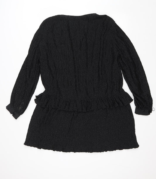 Zara Womens Black Polka Dot Polyester Trapeze & Swing Size L V-Neck Pullover