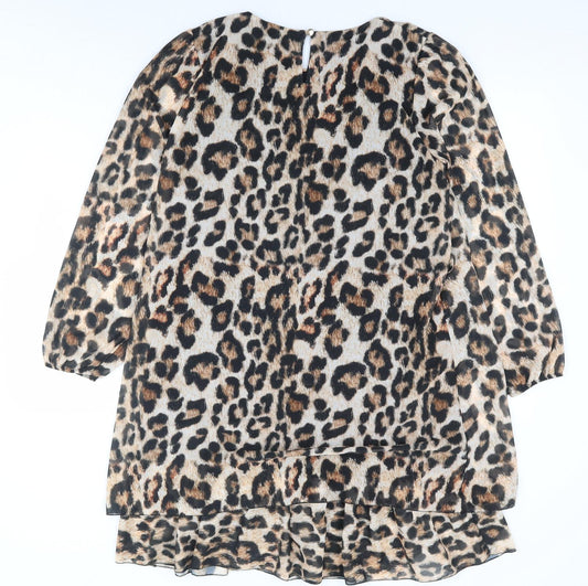 Boohoo Womens Brown Animal Print Polyester A-Line Size 12 Round Neck Button - Leopard Print