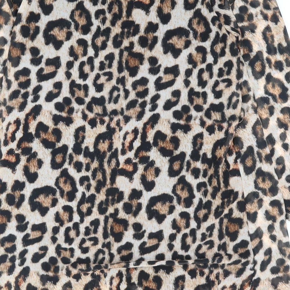 Boohoo Womens Brown Animal Print Polyester A-Line Size 12 Round Neck Button - Leopard Print
