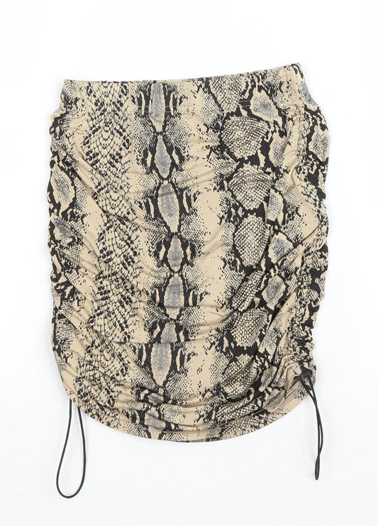 PRETTYLITTLETHING Womens Brown Animal Print Polyester Mini Skirt Size 8 Drawstring - Ruched