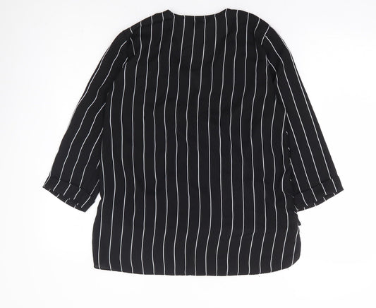 Primark Womens Black Striped Polyester Basic Blouse Size 10 V-Neck