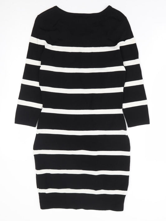 Mango Womens Black Striped Polyamide Bodycon Size M Scoop Neck Pullover