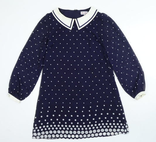 Be Beau Womens Blue Polka Dot Polyester A-Line Size 12 Collared Zip
