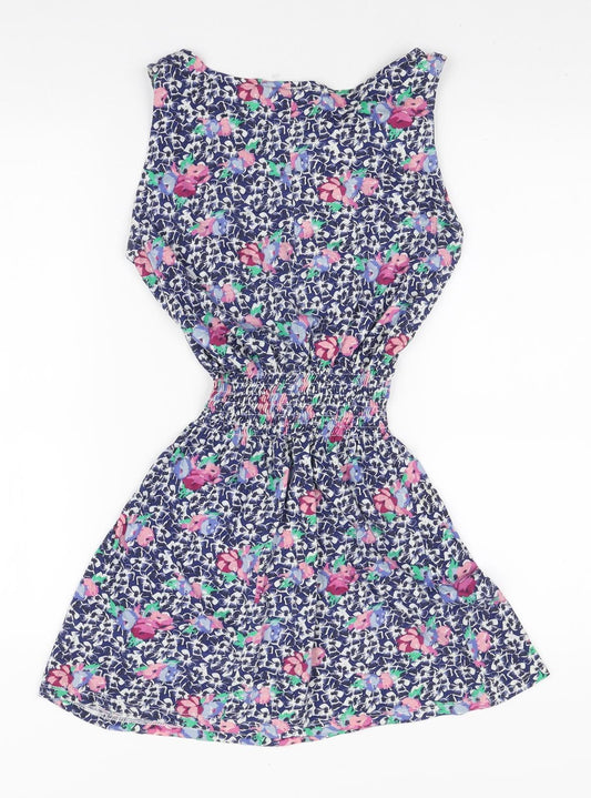 Topshop Womens Blue Floral Cotton Mini Size 8 Boat Neck Pullover