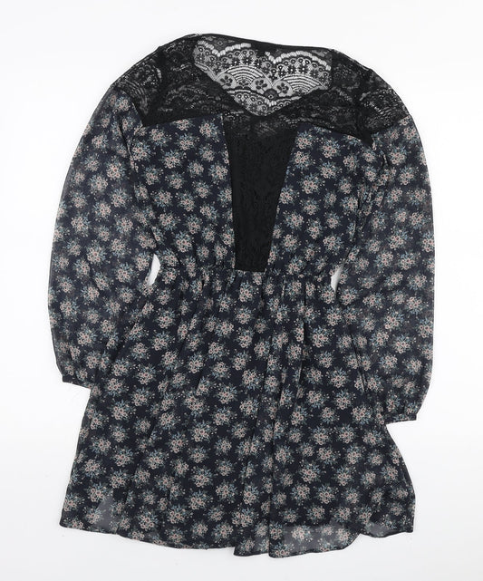 River Island Womens Blue Floral Polyester Mini Size 6 V-Neck Button - Lace Neckline