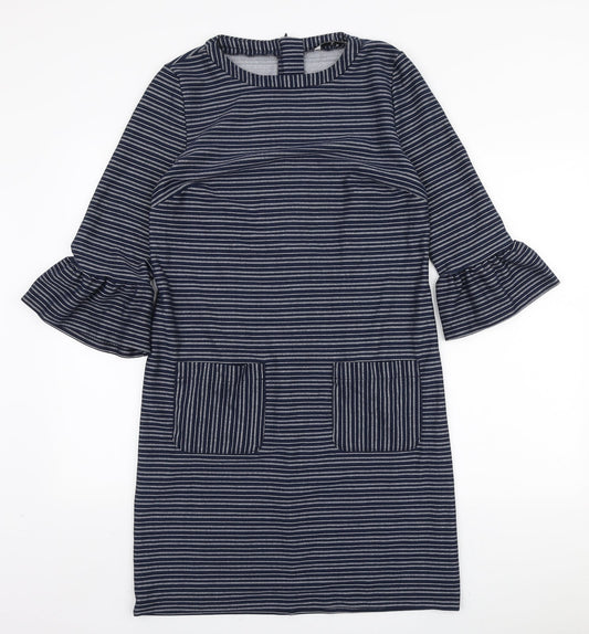 TU Womens Blue Striped Polyester A-Line Size 12 Round Neck Zip