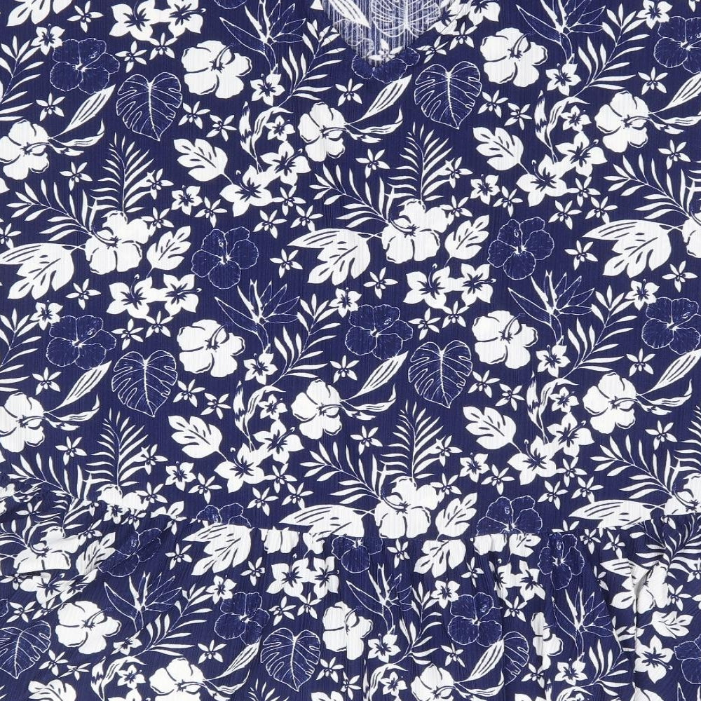 Blue Vanilla Womens Blue Floral Polyester Basic T-Shirt Size L Round Neck