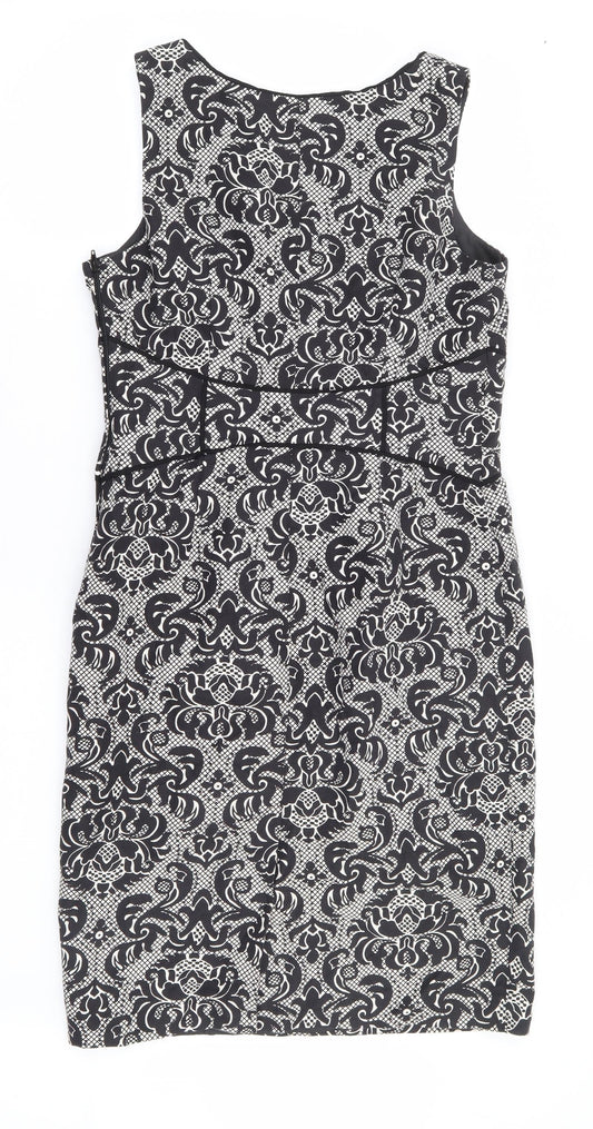 NEXT Womens Black Floral Linen Pencil Dress Size 12 Scoop Neck Zip