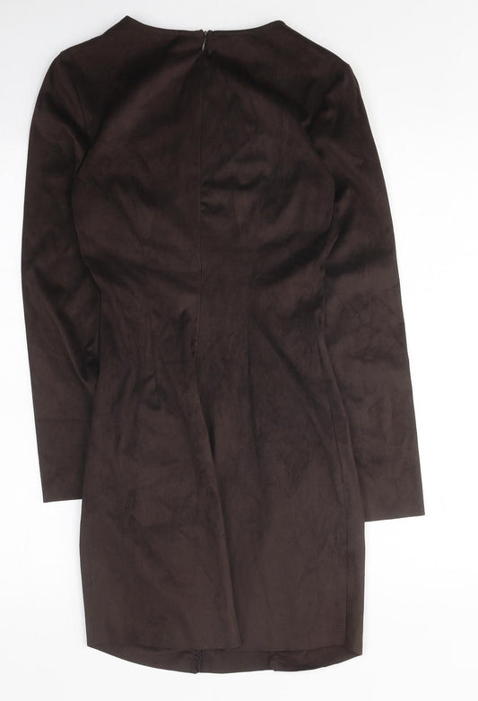 Zara Womens Brown Polyester Bodycon Size XS Round Neck Zip - Ruched