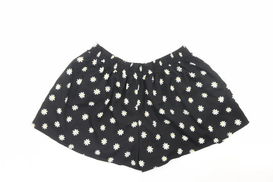 Denim & Co. Womens Black Floral Polyester Paperbag Shorts Size 10 L3 in Regular Pull On