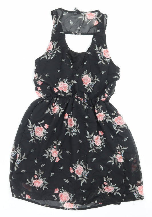 H&M Womens Black Floral Polyester A-Line Size 8 Scoop Neck Pullover
