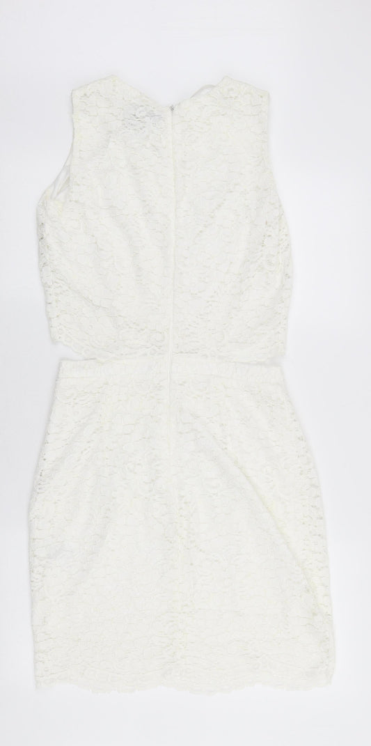 AX Paris Womens White Polyester Pencil Dress Size 14 Round Neck Zip