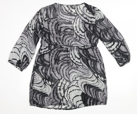 M&Co Womens Grey Geometric Polyester A-Line Size 14 Scoop Neck Button