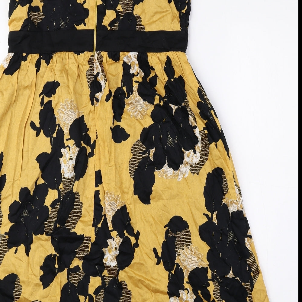 Marks and Spencer Womens Yellow Floral 100% Cotton A-Line Size 12 Square Neck Zip