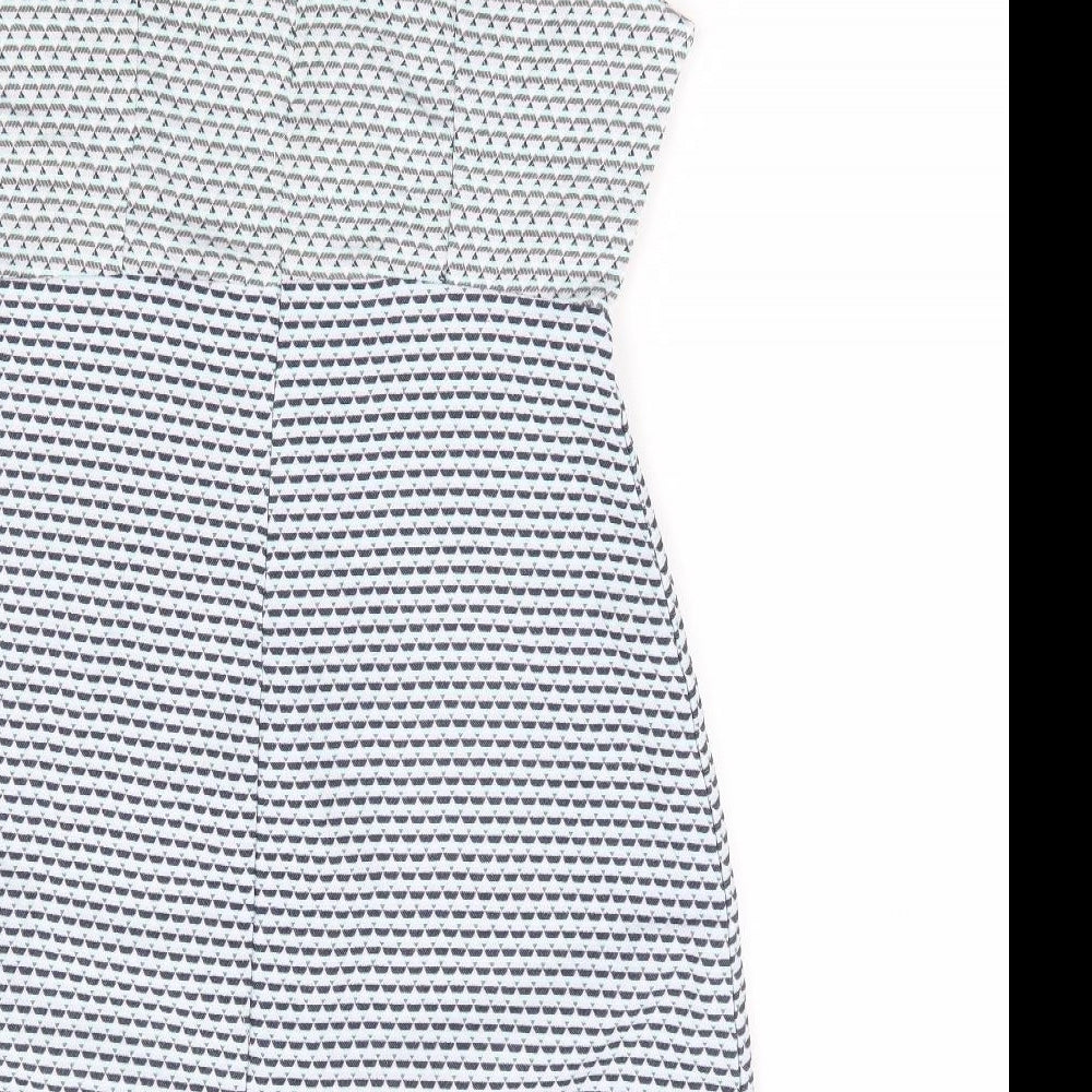Real Form London Womens Blue Geometric Polyester A-Line Size 12 Square Neck Zip - Cold Shoulder Detail