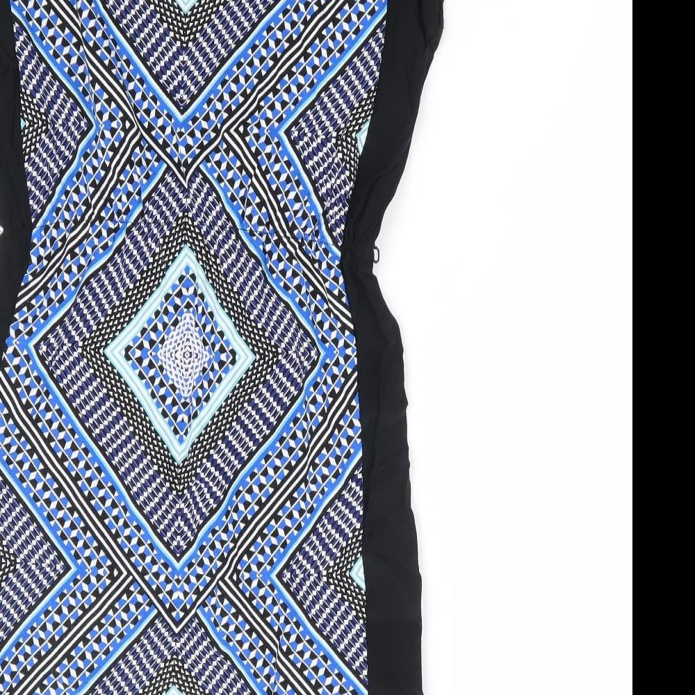 Oasis Womens Blue Geometric Viscose Fit & Flare Size XS Round Neck Pullover - Elastic Waist