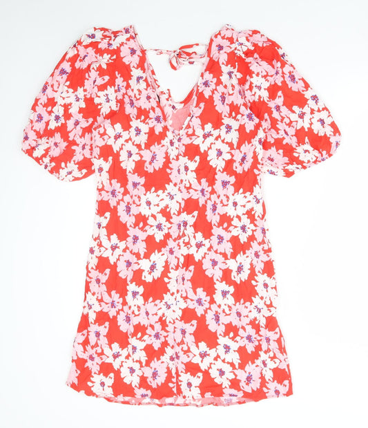 George Womens Red Floral Viscose A-Line Size 12 V-Neck Tie