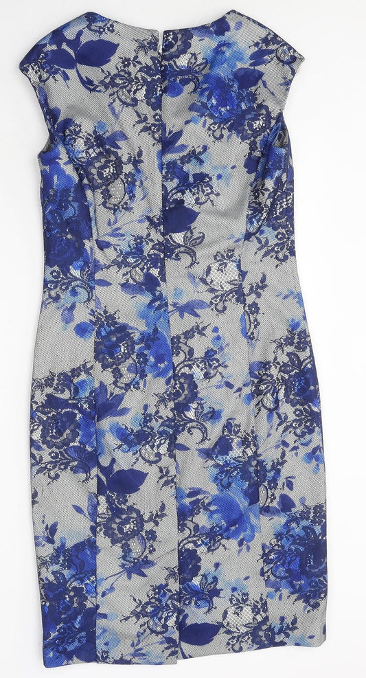 Linea Womens Blue Floral Polyester Shift Size 8 Round Neck Zip