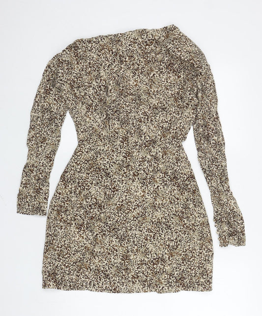 Zara Womens Brown Animal Print Viscose Fit & Flare Size S V-Neck Button - Shoulder Pads