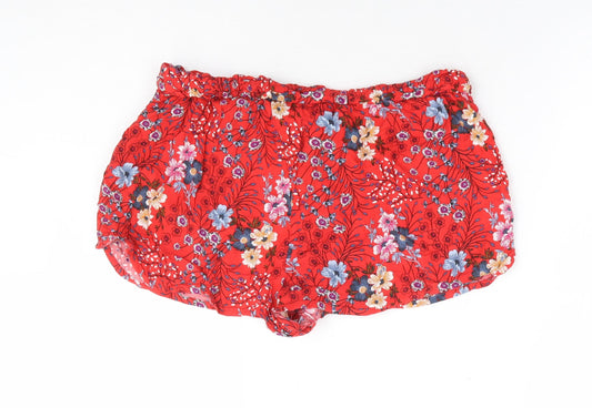 Primark Womens Red Floral Viscose Hot Pants Shorts Size 10 L4 in Regular Drawstring