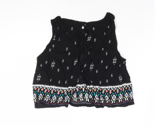 H&M Womens Black Geometric Viscose Cropped Blouse Size 12 Round Neck
