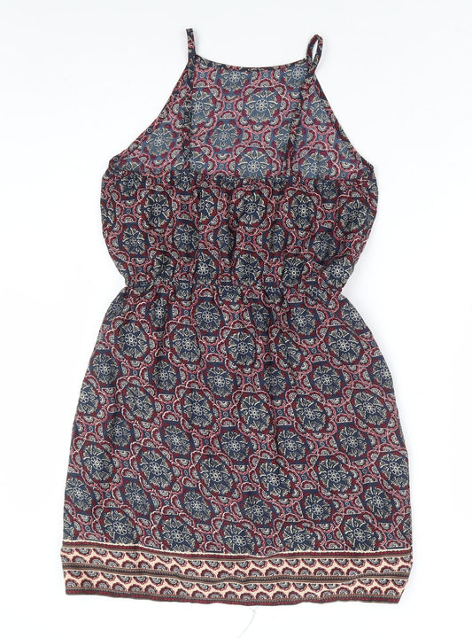 Primark Womens Multicoloured Geometric Polyester Fit & Flare Size 8 Square Neck Drawstring