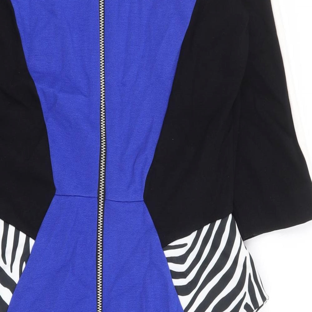 River Island Womens Blue Viscose A-Line Size 14 Round Neck Zip - Colourblock