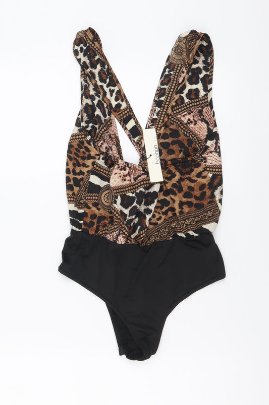Boohoo Womens Black Geometric Polyester Bodysuit One-Piece Size 6 Snap