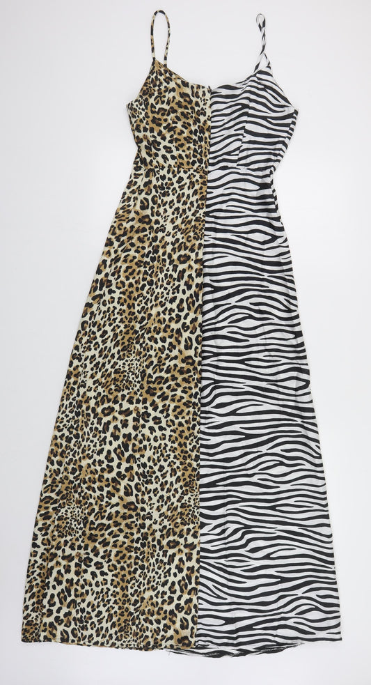 Boohoo Womens Black Animal Print Polyester Maxi Size 6 V-Neck Zip