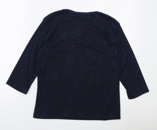 AMARANTO Womens Blue Round Neck Floral Polyester Pullover Jumper Size L