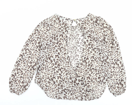 George Womens Brown Animal Print Polyester Basic Blouse Size 8 Crew Neck