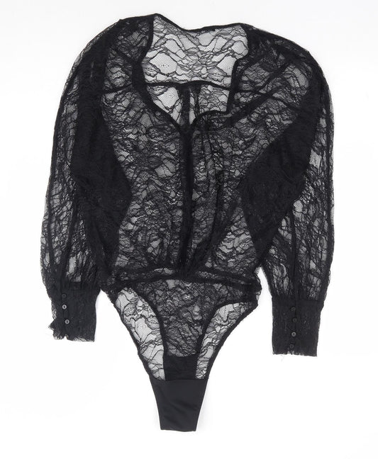 Zara Womens Black Floral Polyester Bodysuit One-Piece Size XS Button