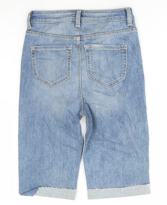 Marks and Spencer Womens Blue Cotton Bermuda Shorts Size 6 L11.5 in Regular Button - Distressed Denim