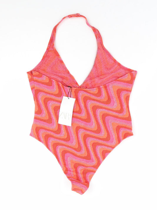 Zara Womens Pink Geometric Cotton Bodysuit One-Piece Size XL Zip - Cut Out Detail