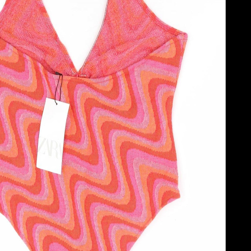 Zara Womens Pink Geometric Cotton Bodysuit One-Piece Size XL Zip - Cut Out Detail