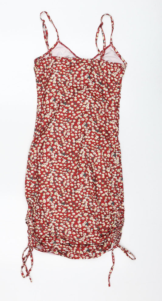 SheIn Womens Red Floral Polyester Pencil Dress Size S V-Neck Pullover - Ruched