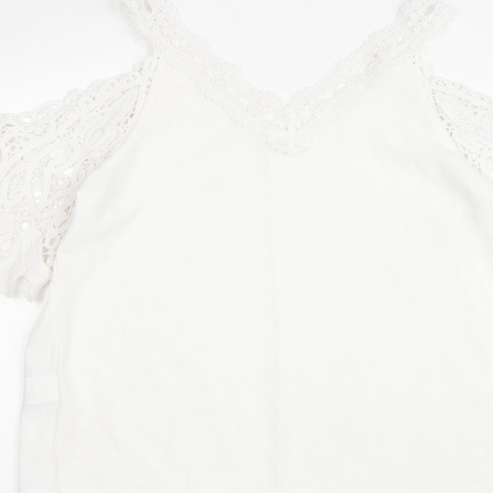 SheIn Womens White Polyester Basic Blouse Size M Collared - Lace trimming and cold shoulder