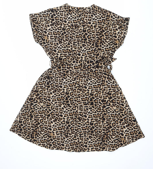 Matalan Womens Brown Animal Print Polyester Fit & Flare Size 10 V-Neck Button - Leopard Print