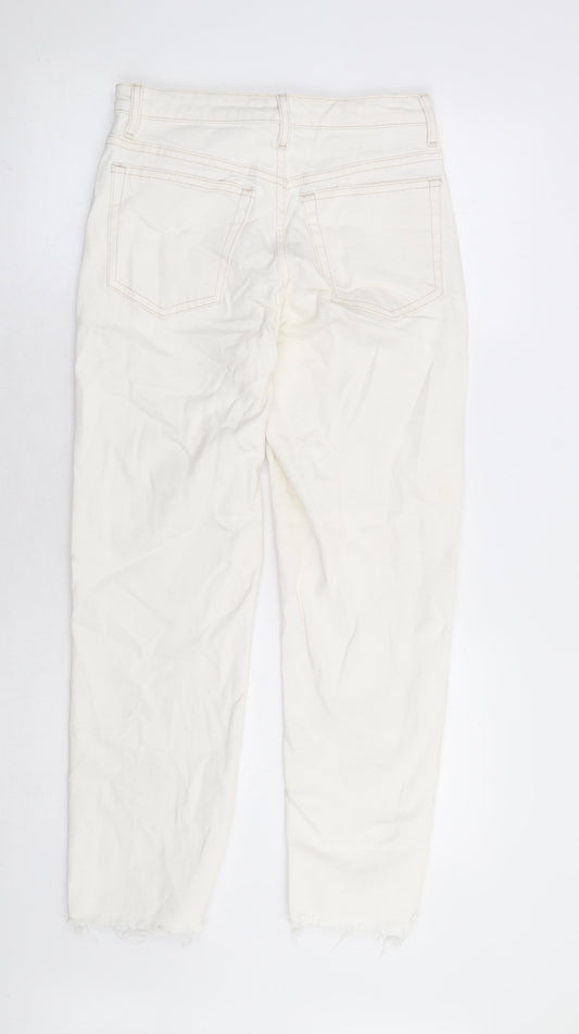 Topshop Womens White Cotton Straight Jeans Size 26 in L27 in Regular Button - Distressed Hems