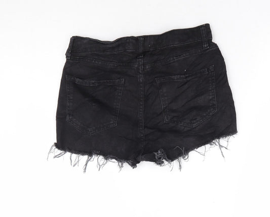 River Island Womens Black Cotton Hot Pants Shorts Size 8 L3 in Regular Zip - Distressed Hems