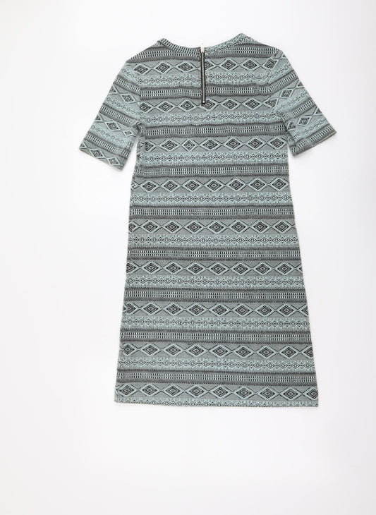 H&M Womens Green Geometric Polyester A-Line Size XS Round Neck Zip