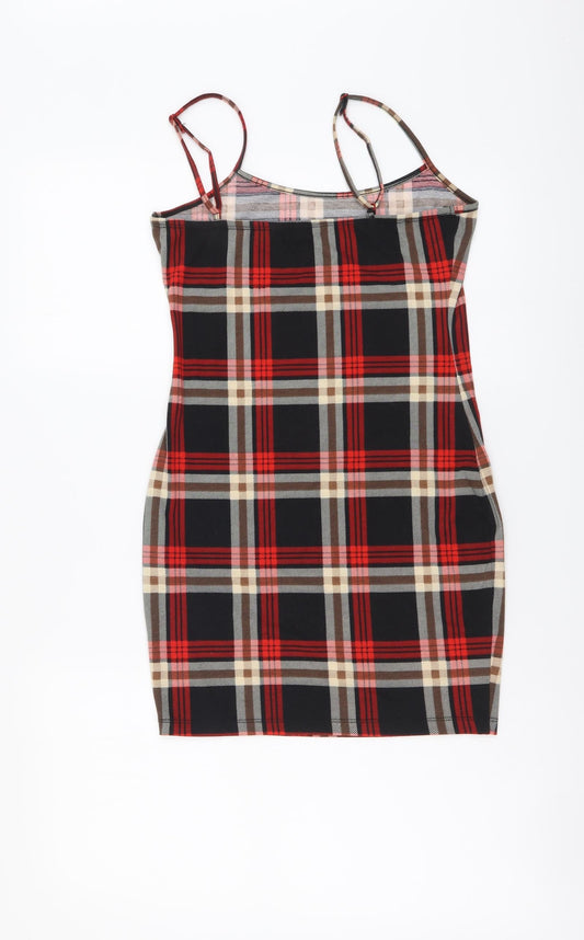 SheIn Womens Red Plaid Polyester Mini Size XS Round Neck Pullover