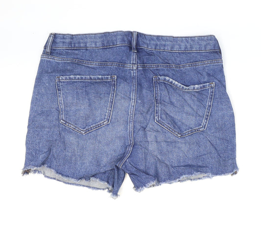 Marks and Spencer Womens Blue Cotton Hot Pants Shorts Size 4 L3 in Regular Zip - Distressed Hem