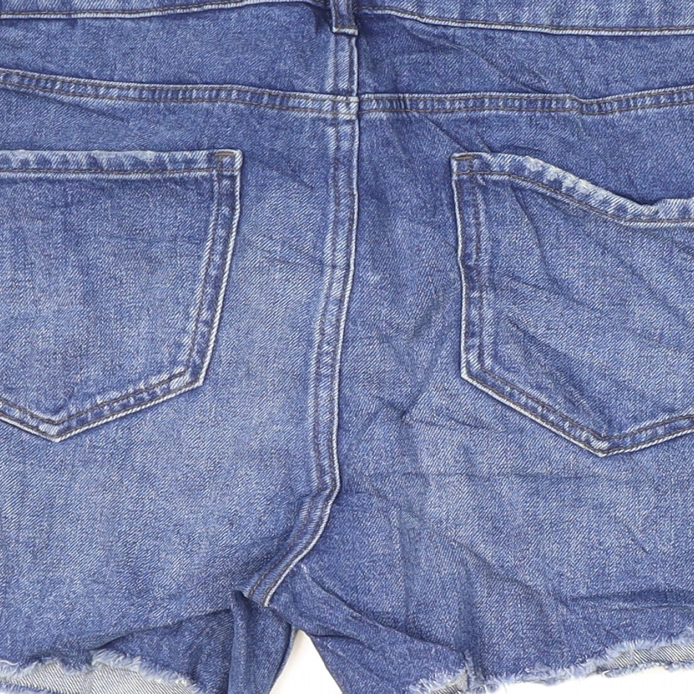 Marks and Spencer Womens Blue Cotton Hot Pants Shorts Size 4 L3 in Regular Zip - Distressed Hem