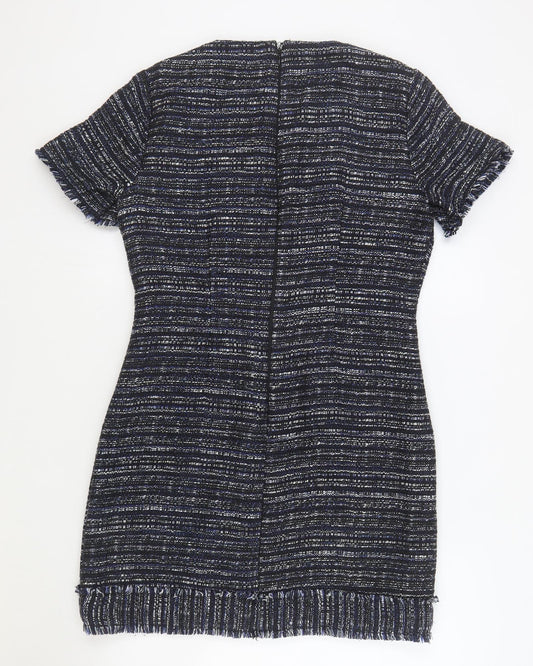 Warehouse Womens Blue Geometric Acrylic Bodycon Size 12 Round Neck Zip